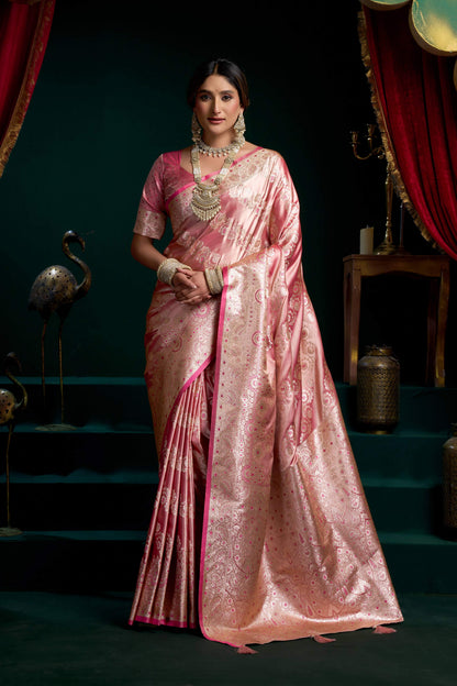 Jyoti Fashion Women's Baby Pink Satin Silk Zari Woven Saree with Blouse
