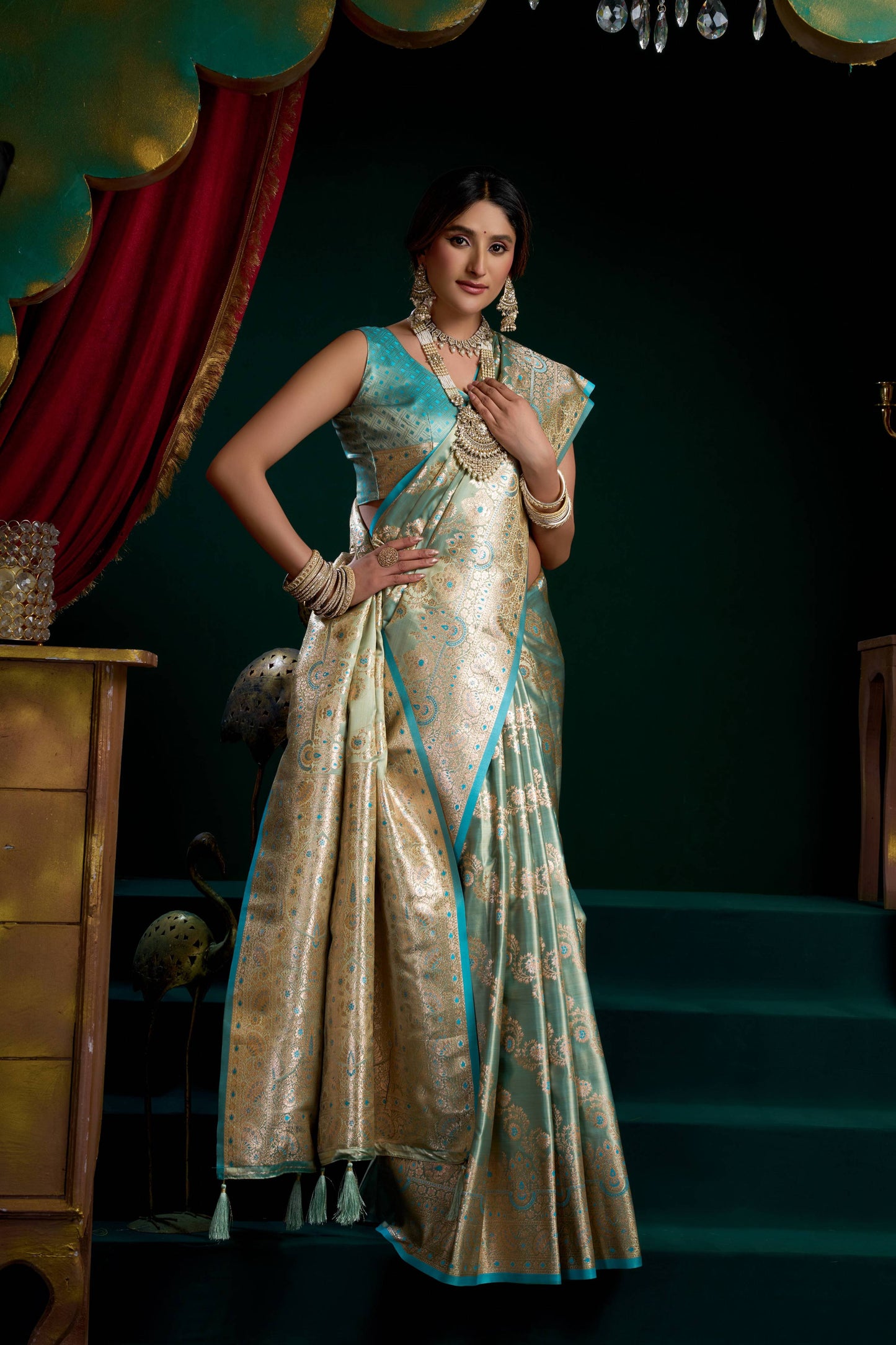 Jyoti Fashion Women's Turquoise Satin Silk Zari Woven Saree with Blouse