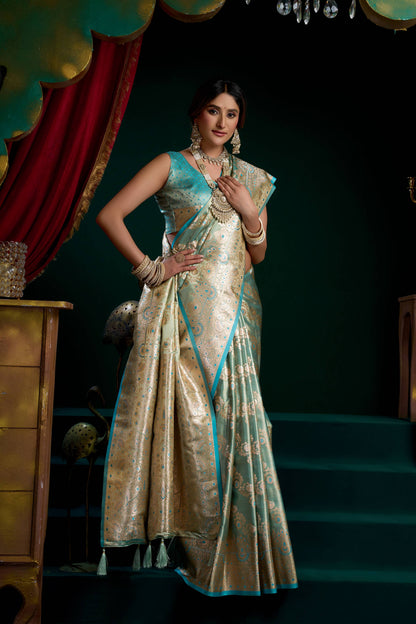 Jyoti Fashion Women's Turquoise Satin Silk Zari Woven Saree with Blouse