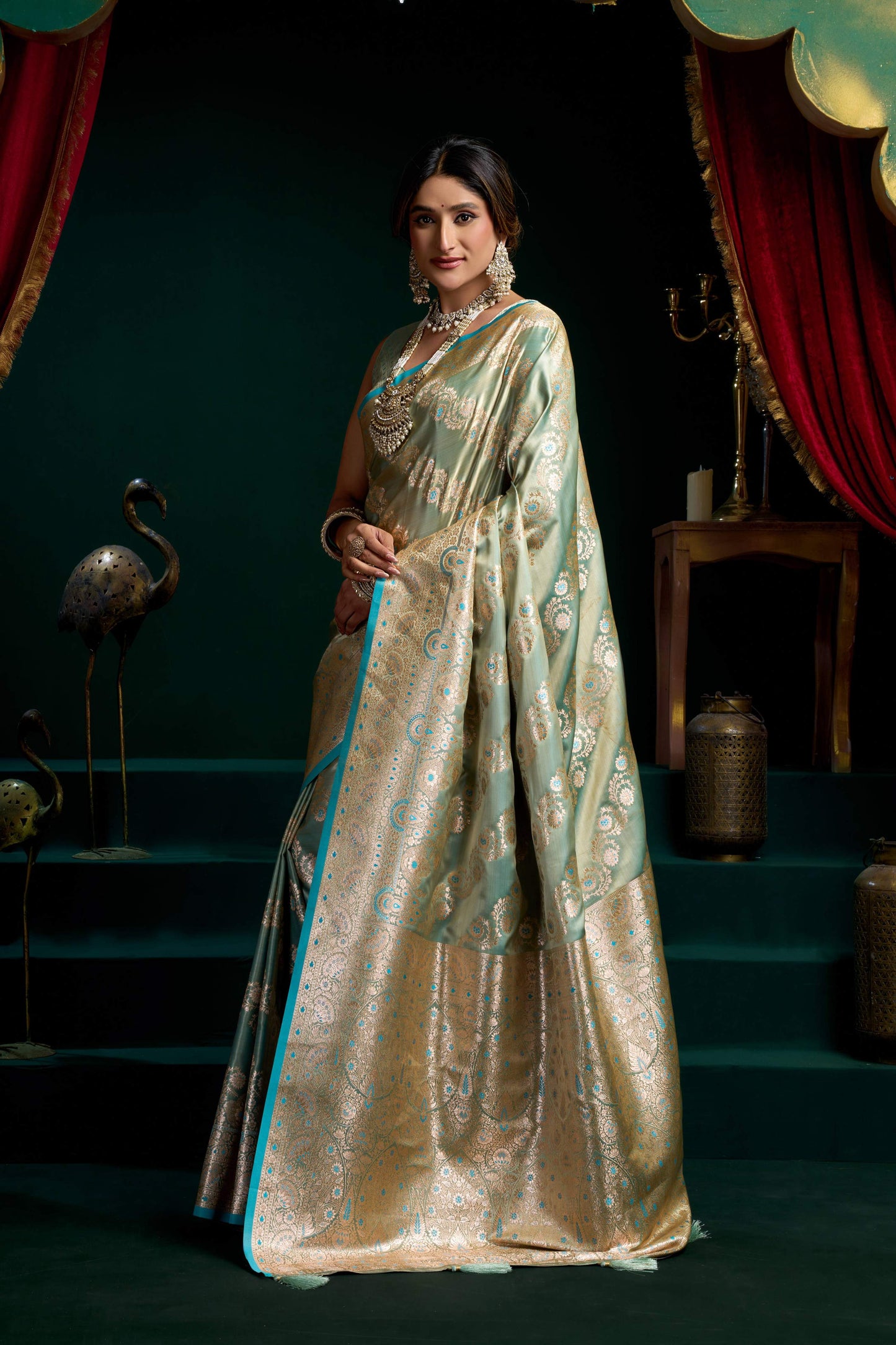 Jyoti Fashion Women's Turquoise Satin Silk Zari Woven Saree with Blouse