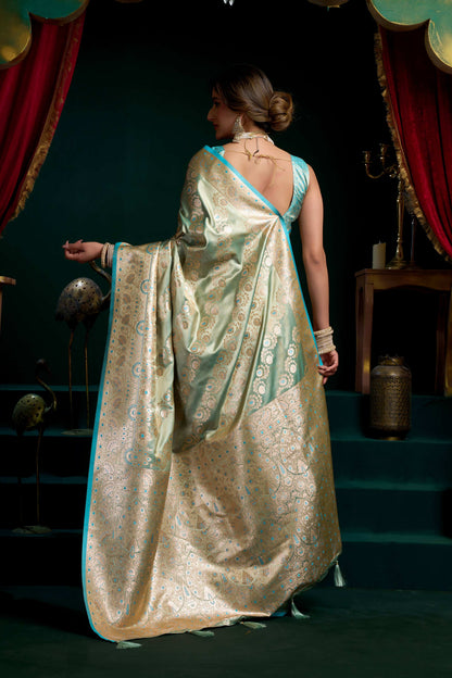 Jyoti Fashion Women's Turquoise Satin Silk Zari Woven Saree with Blouse