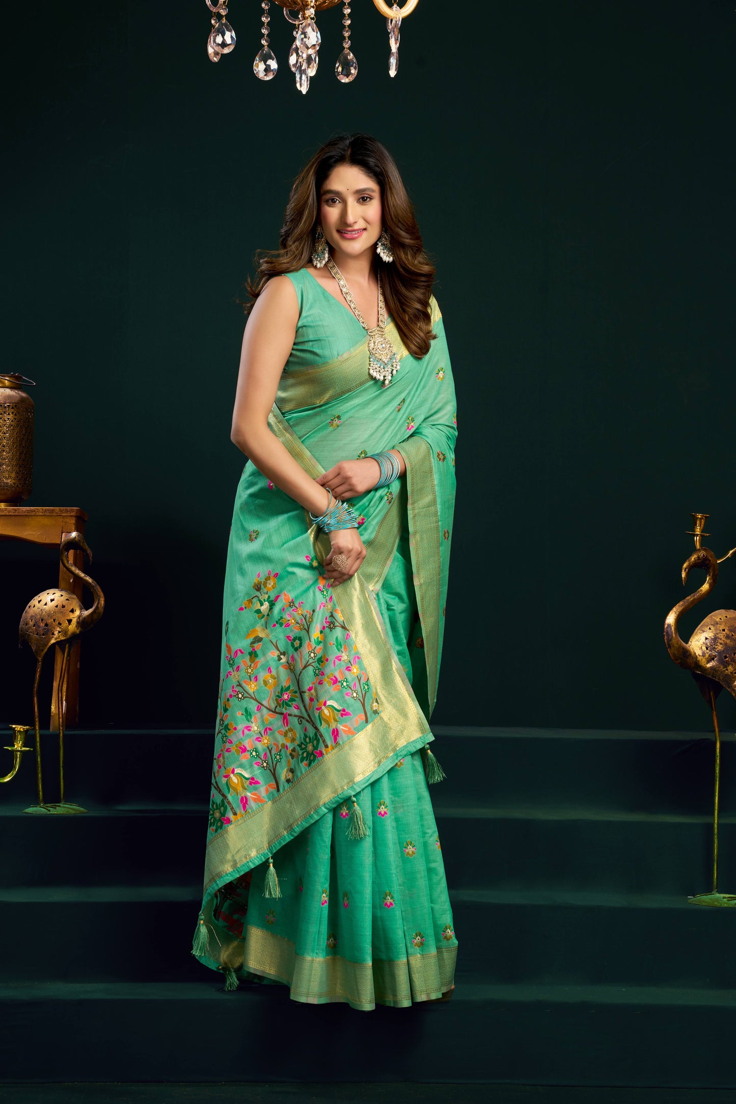 Jyoti Fashion Women's Sea Green Muga Cotton Meena Zari Woven Saree with Blouse