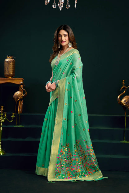 Jyoti Fashion Women's Sea Green Muga Cotton Meena Zari Woven Saree with Blouse