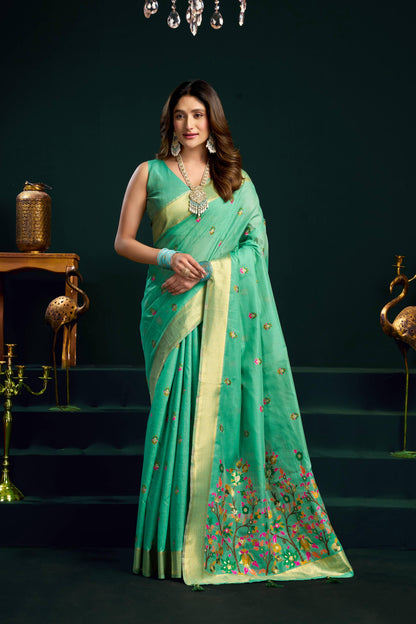 Jyoti Fashion Women's Sea Green Muga Cotton Meena Zari Woven Saree with Blouse