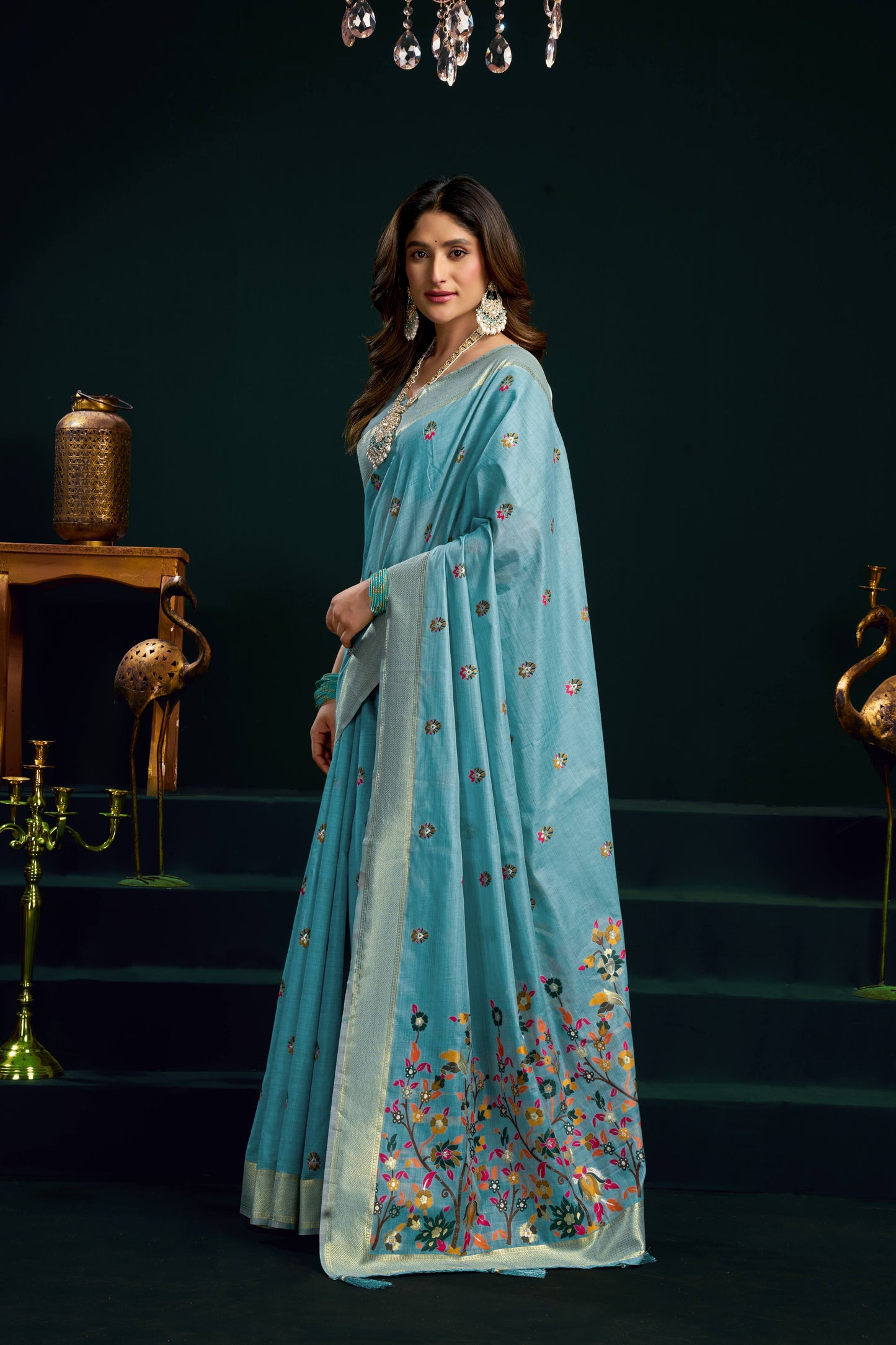Jyoti Fashion Women's Turquoise Muga Cotton Meena Zari Woven Saree with Blouse