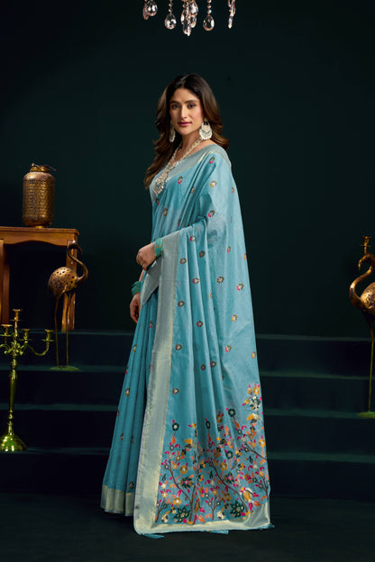 Jyoti Fashion Women's Turquoise Muga Cotton Meena Zari Woven Saree with Blouse