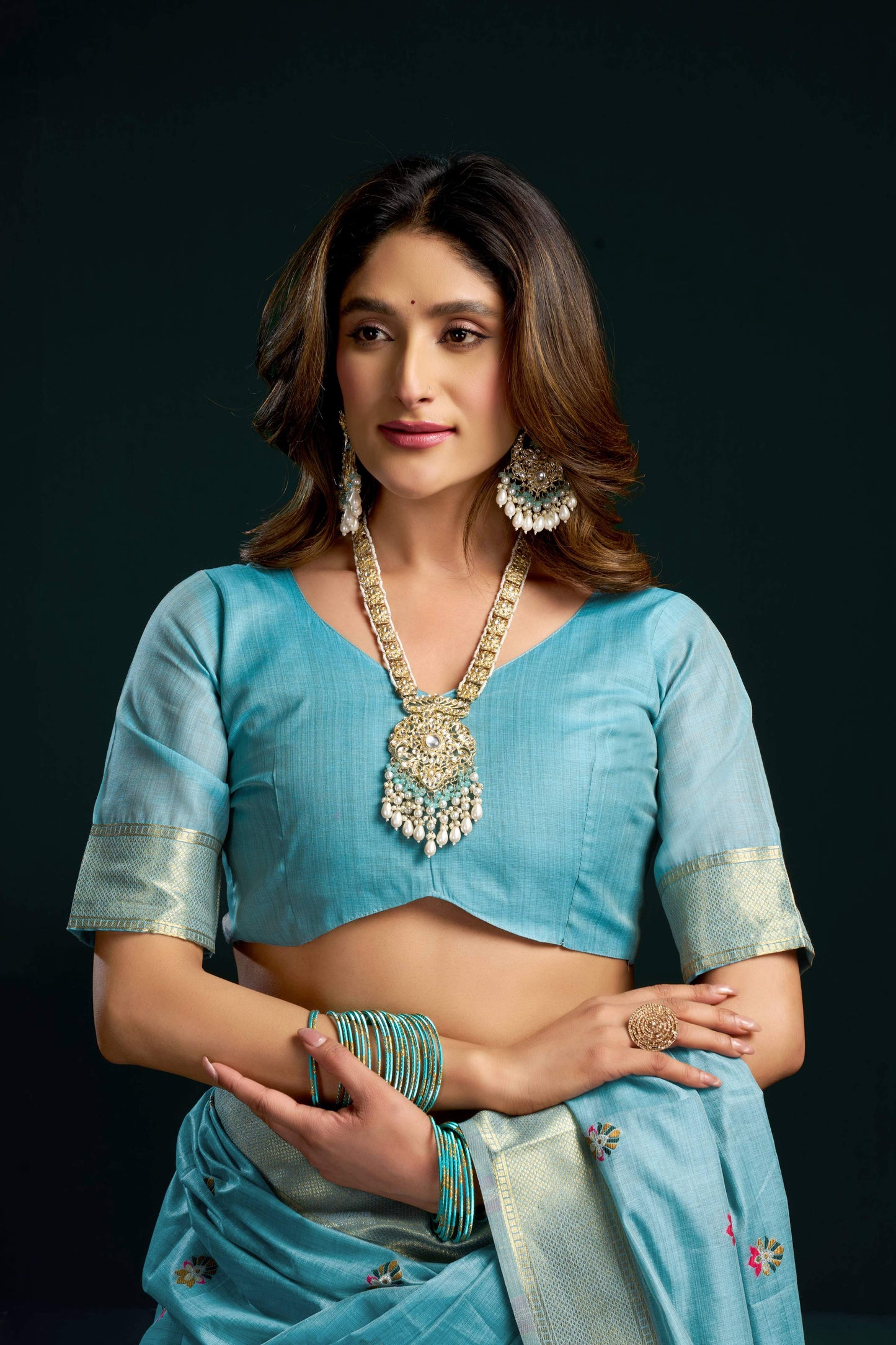 Jyoti Fashion Women's Turquoise Muga Cotton Meena Zari Woven Saree with Blouse