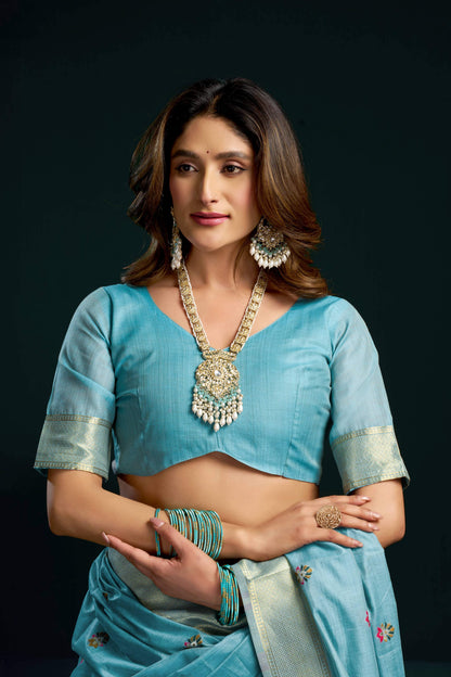 Jyoti Fashion Women's Turquoise Muga Cotton Meena Zari Woven Saree with Blouse