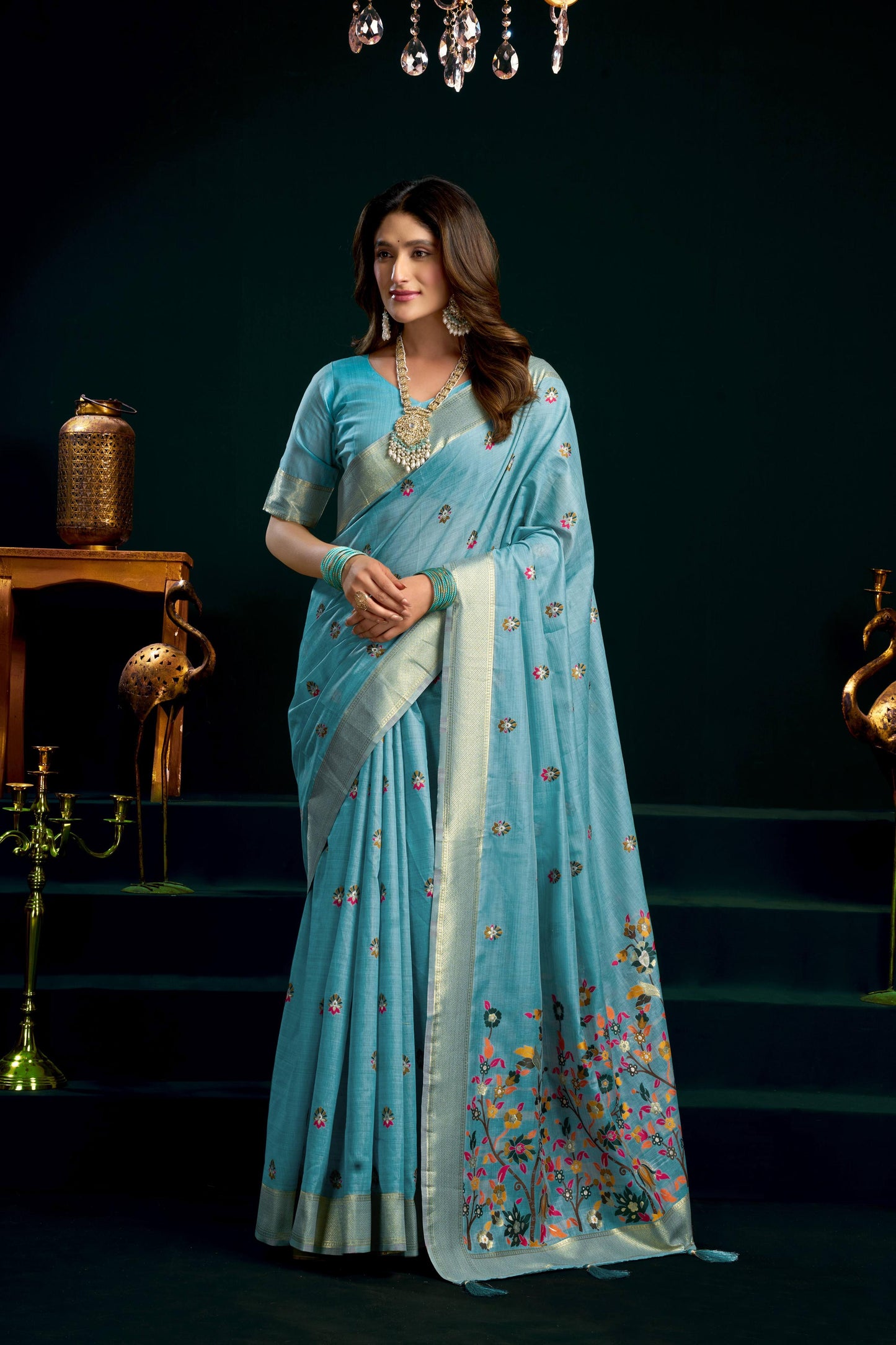 Jyoti Fashion Women's Turquoise Muga Cotton Meena Zari Woven Saree with Blouse