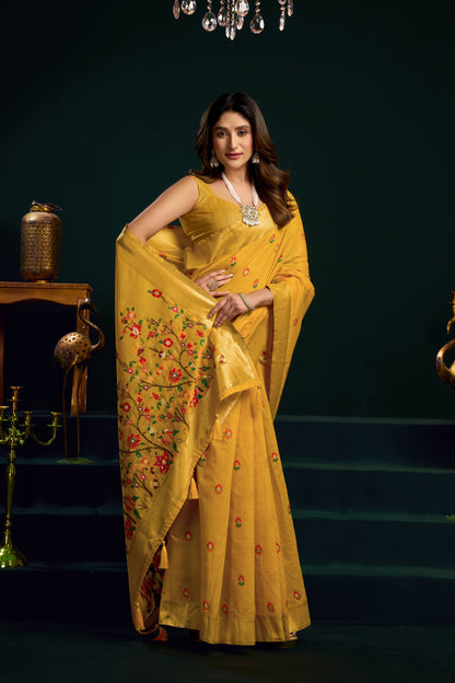 Jyoti Fashion Women's Yellow Muga Cotton Meena Zari Woven Saree with Blouse
