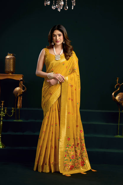 Jyoti Fashion Women's Yellow Muga Cotton Meena Zari Woven Saree with Blouse