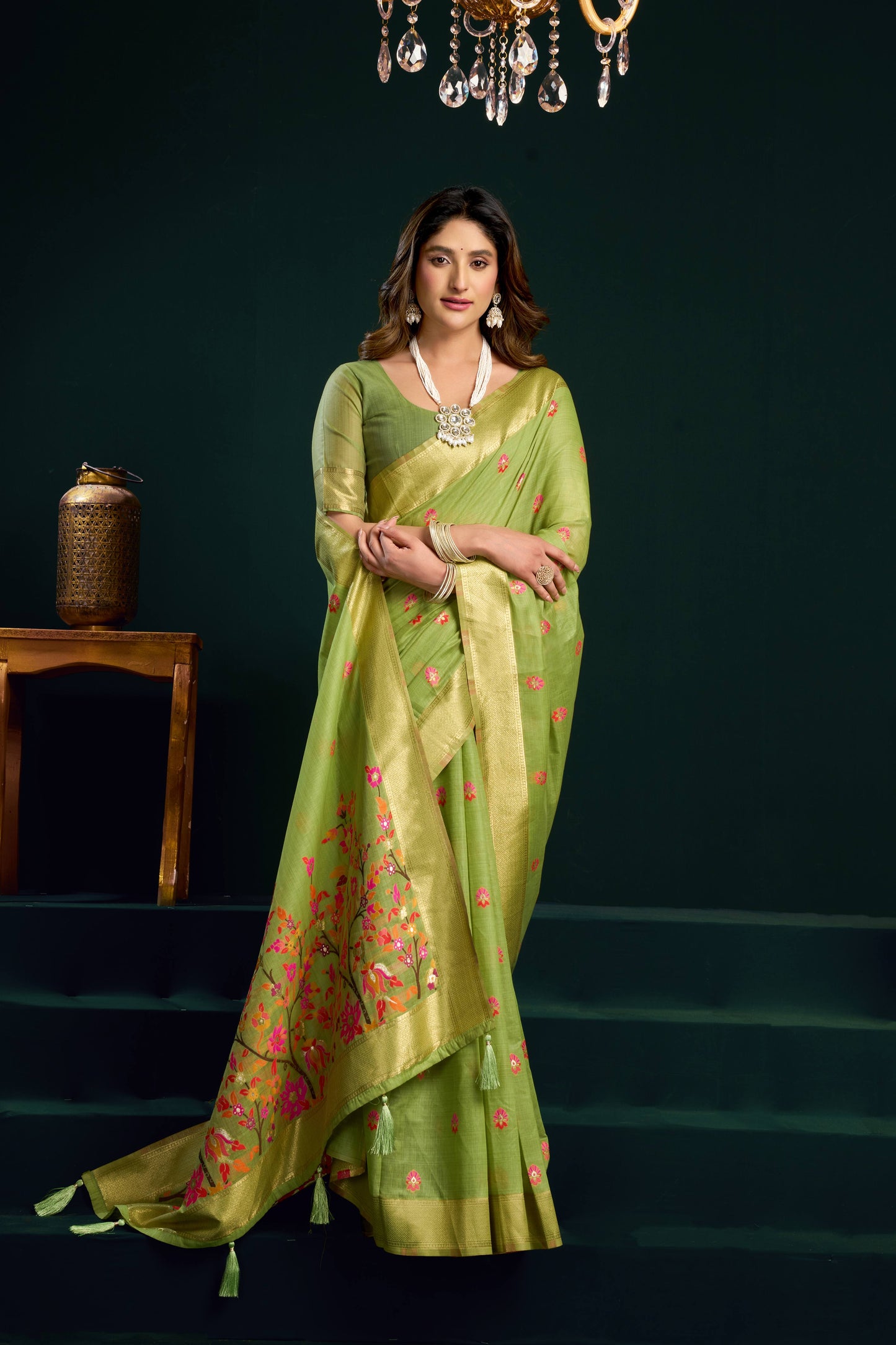 Jyoti Fashion Women's Green Muga Cotton Meena Zari Woven Saree with Blouse