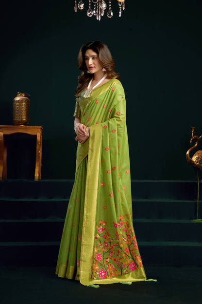 Jyoti Fashion Women's Green Muga Cotton Meena Zari Woven Saree with Blouse