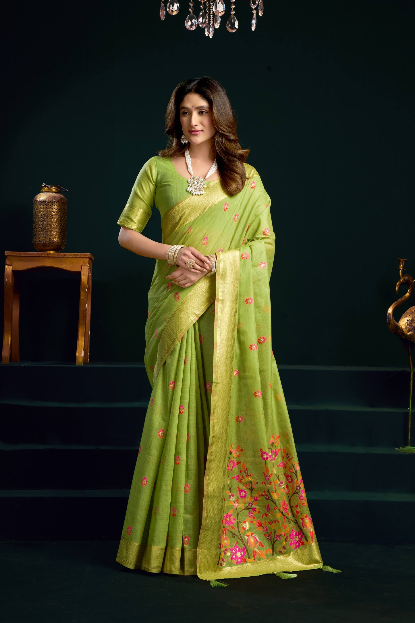 Jyoti Fashion Women's Green Muga Cotton Meena Zari Woven Saree with Blouse