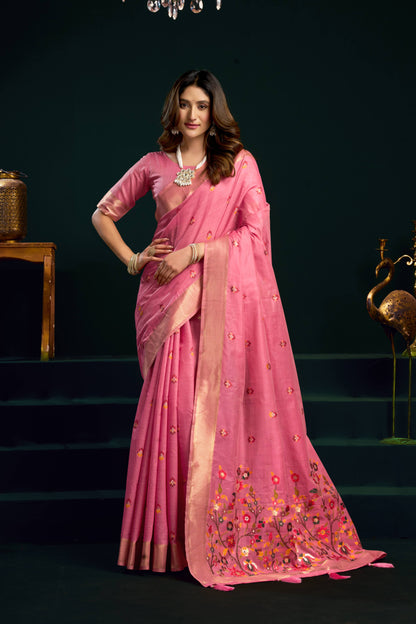 Jyoti Fashion Women's Pink Muga Cotton Meena Zari Woven Saree with Blouse
