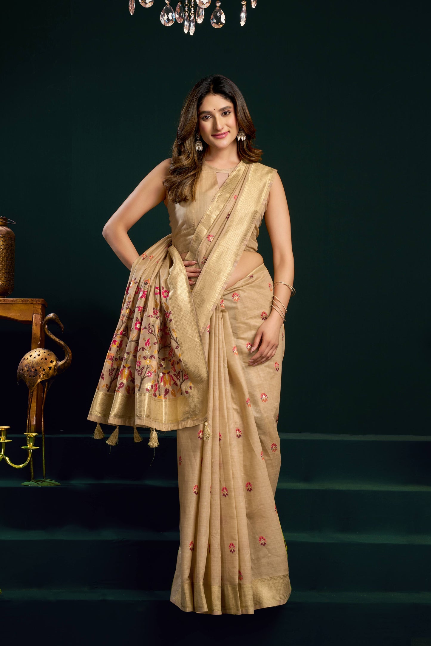 Jyoti Fashion Women's Beige Muga Cotton Meena Zari Woven Saree with Blouse