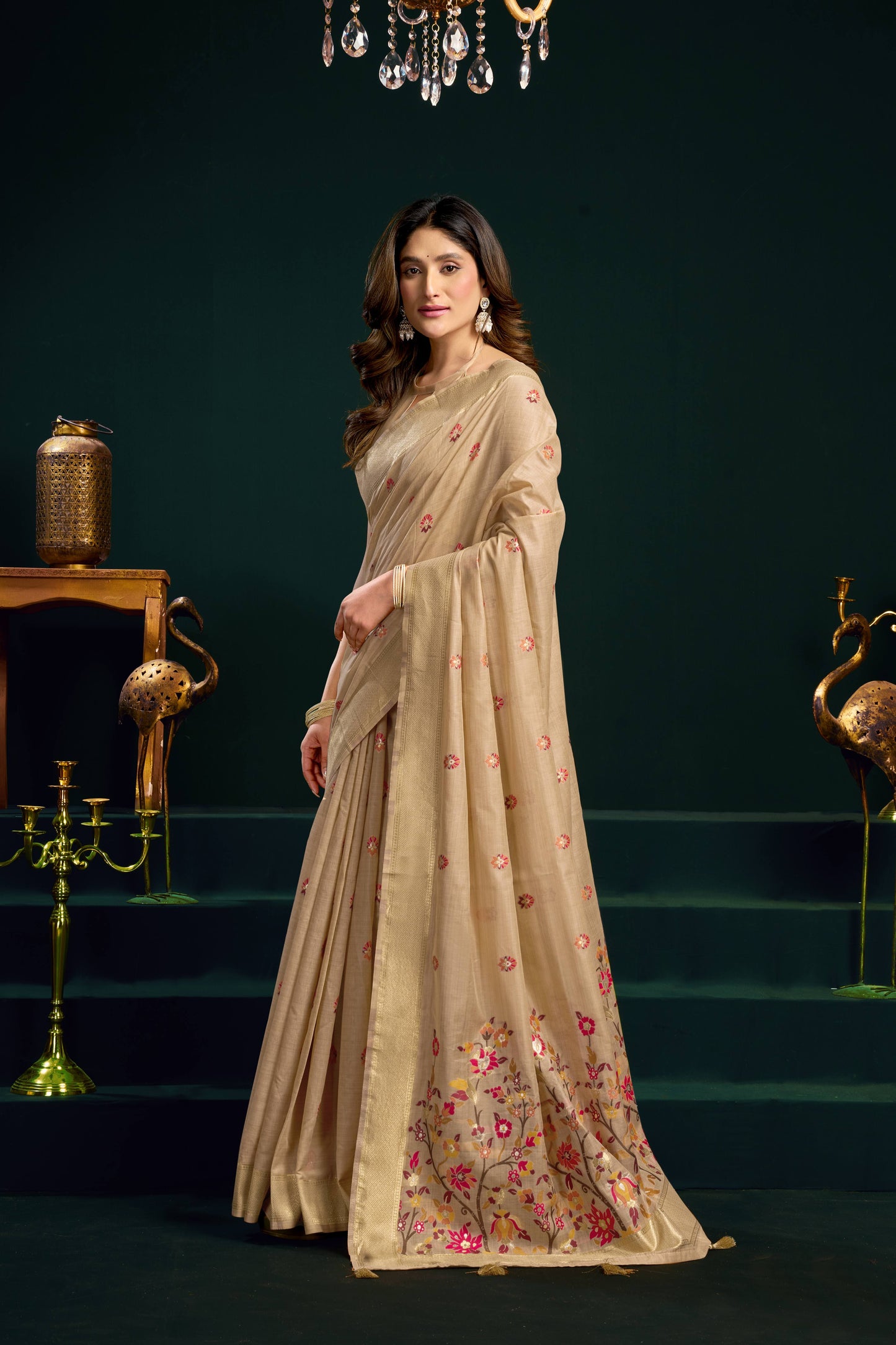 Jyoti Fashion Women's Beige Muga Cotton Meena Zari Woven Saree with Blouse