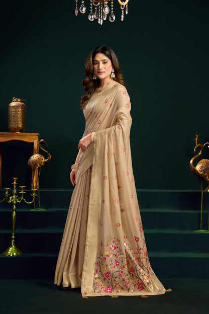 Jyoti Fashion Women's Beige Muga Cotton Meena Zari Woven Saree with Blouse