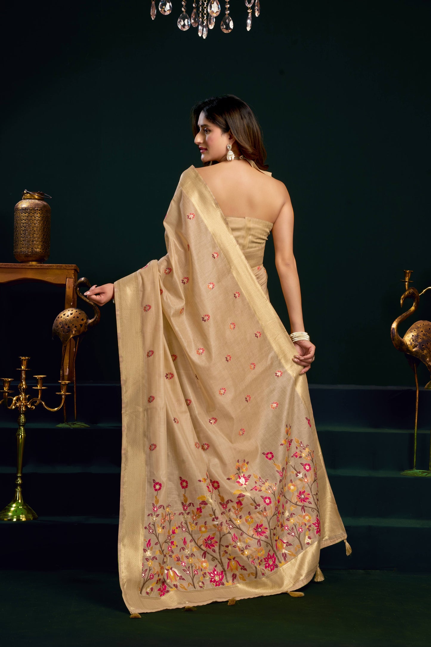 Jyoti Fashion Women's Beige Muga Cotton Meena Zari Woven Saree with Blouse