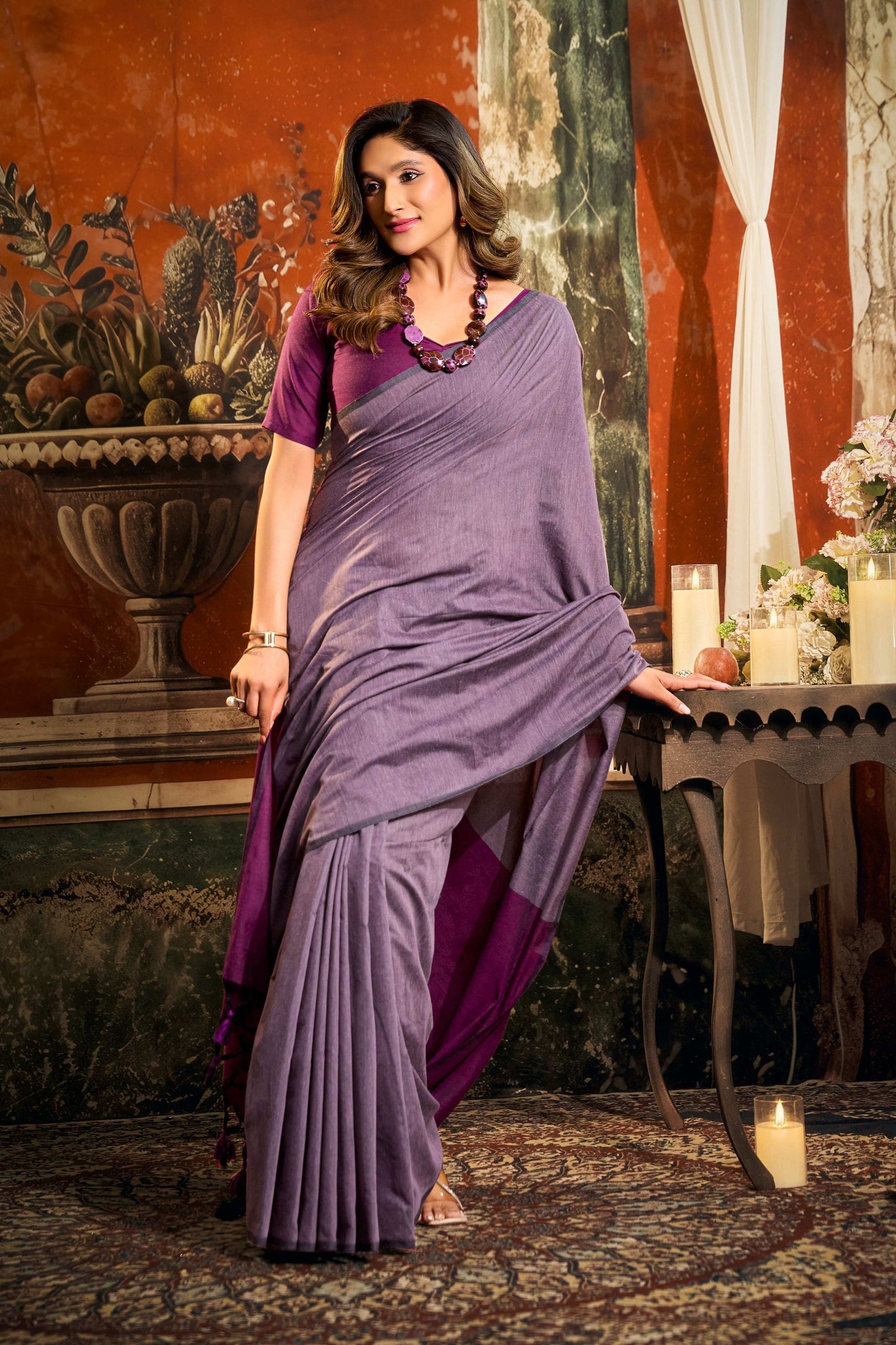 Jyoti Fashion Women's Purple Cotton Contrast Pallu Saree with Blouse