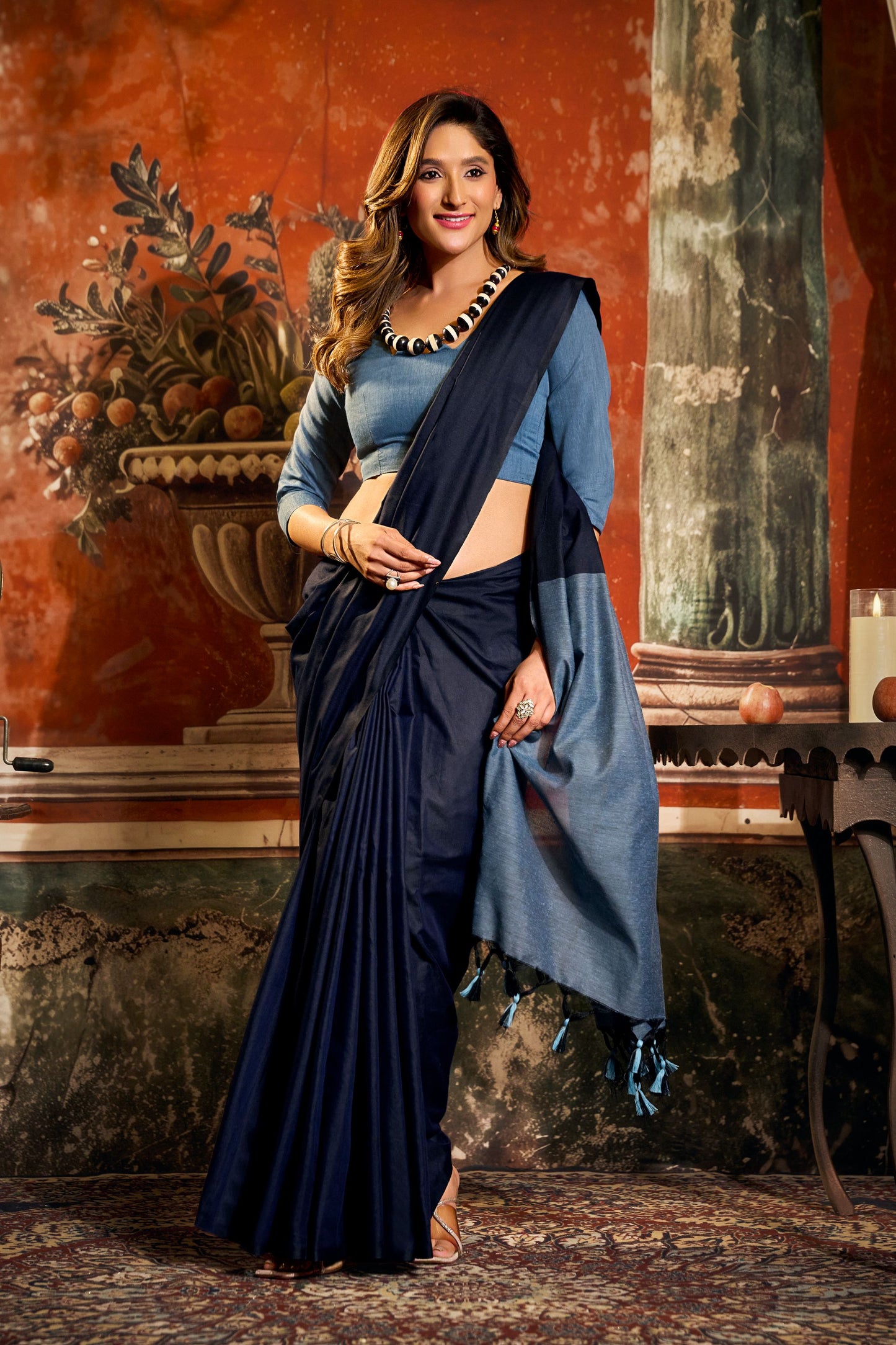 Jyoti Fashion Women's Navy Blue Cotton Contrast Pallu Saree with Blouse
