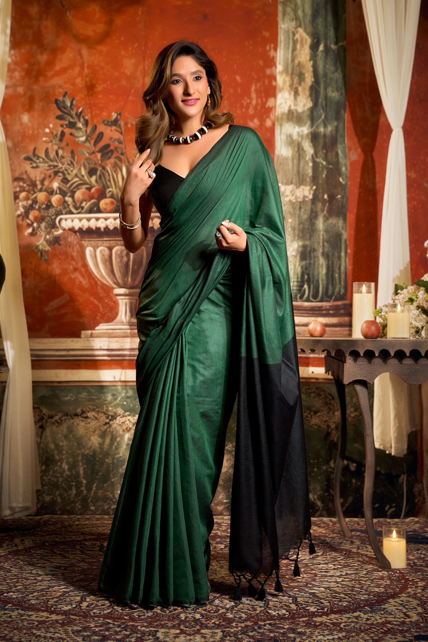 Jyoti Fashion Women's Bottle Green Cotton Contrast Pallu Saree with Blouse