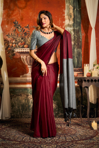 Jyoti Fashion Women's Maroon Cotton Contrast Pallu Saree with Blouse