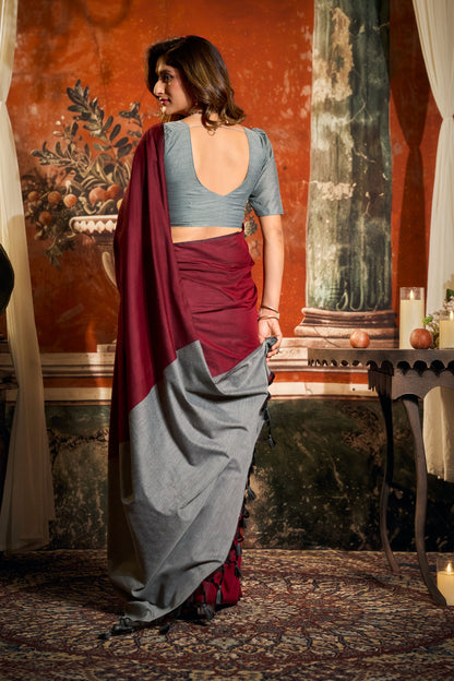 Jyoti Fashion Women's Maroon Cotton Contrast Pallu Saree with Blouse
