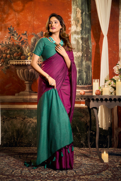 Jyoti Fashion Women's Magenta Cotton Contrast Pallu Saree with Blouse