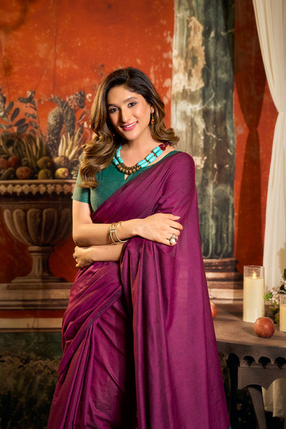 Jyoti Fashion Women's Magenta Cotton Contrast Pallu Saree with Blouse
