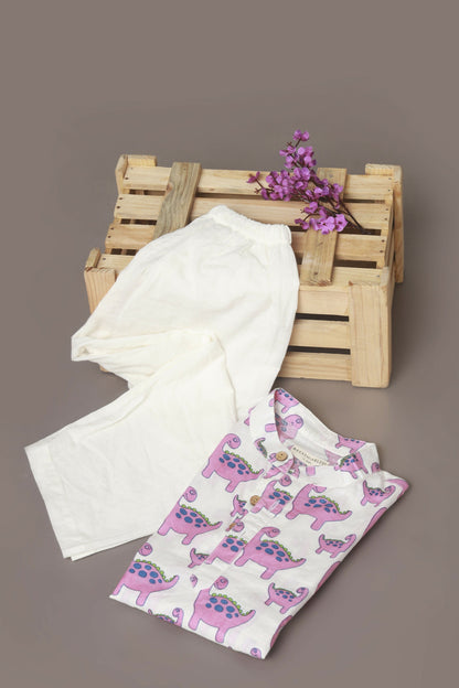 Breathables Kids Boys & Girls Cotton Night Suit  Purple Dinosaur Print Kurta & Pyjama Co-Ord Set