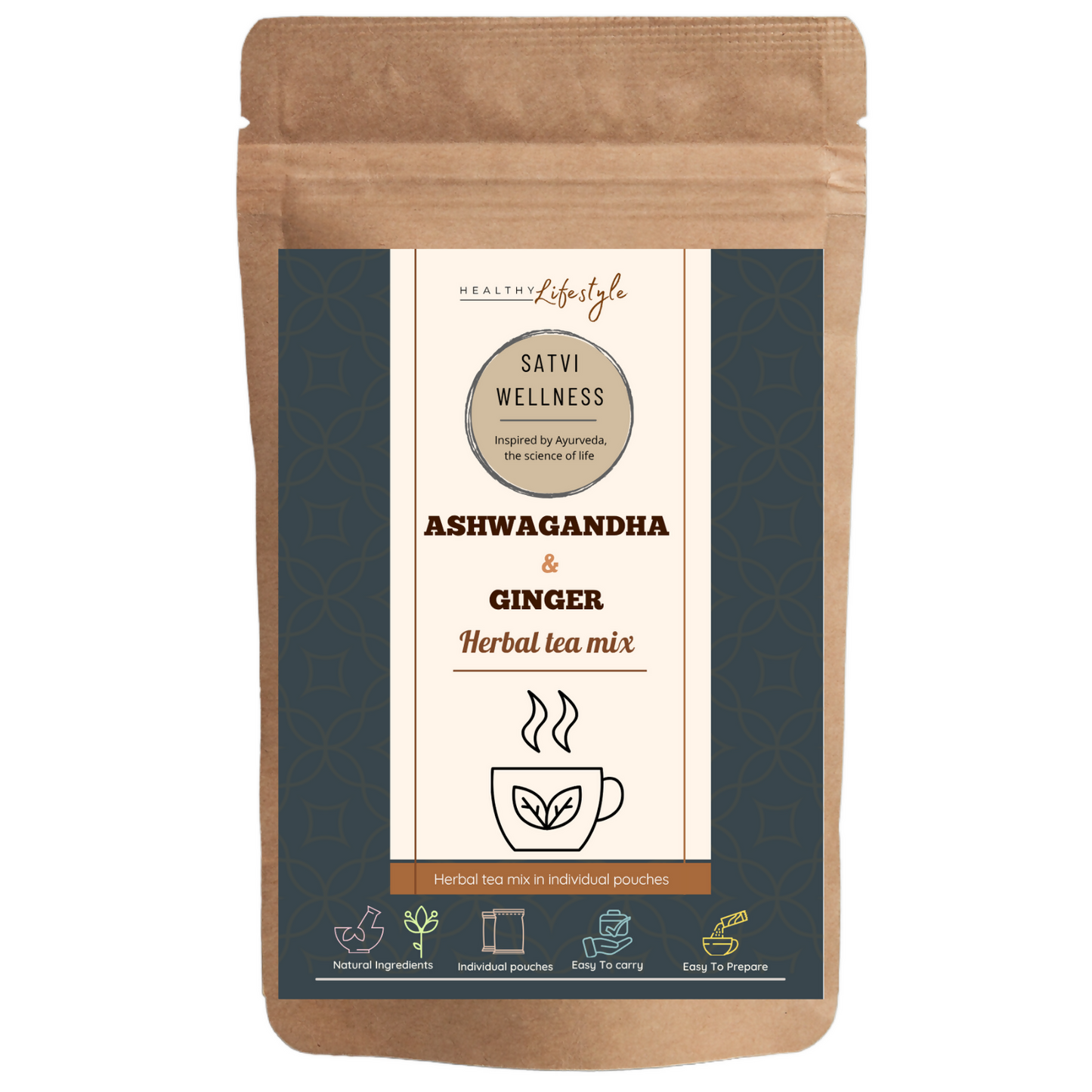 Satvi Wellness Ashwagandha Ginger Herbal Infusion Mix In Indvidual Packets | Herbal Tea Sachet