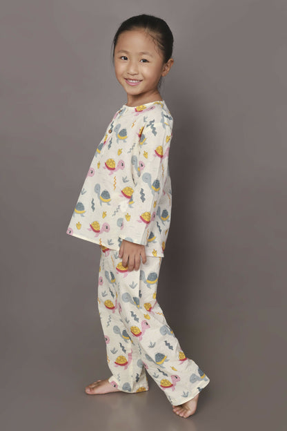 Breathables Kids Cotton Turtle Print Co-Ord Night Suit  White & Multi-Color
