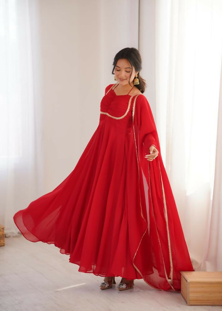 The52 Women's Gorgeous Solid Fox Blooming Georgette Fabric Flared Anarkali and Dupatta Set-Red