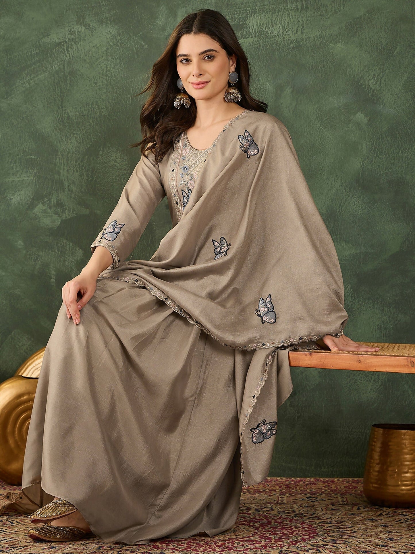 The52 Women's Gorgeous Embroidery Work Vichitra SIlk Fabric Flared Anarkali Pant and Dupatta Set-Chiku