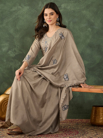 The52 Women's Gorgeous Embroidery Work Vichitra SIlk Fabric Flared Anarkali Pant and Dupatta Set-Chiku