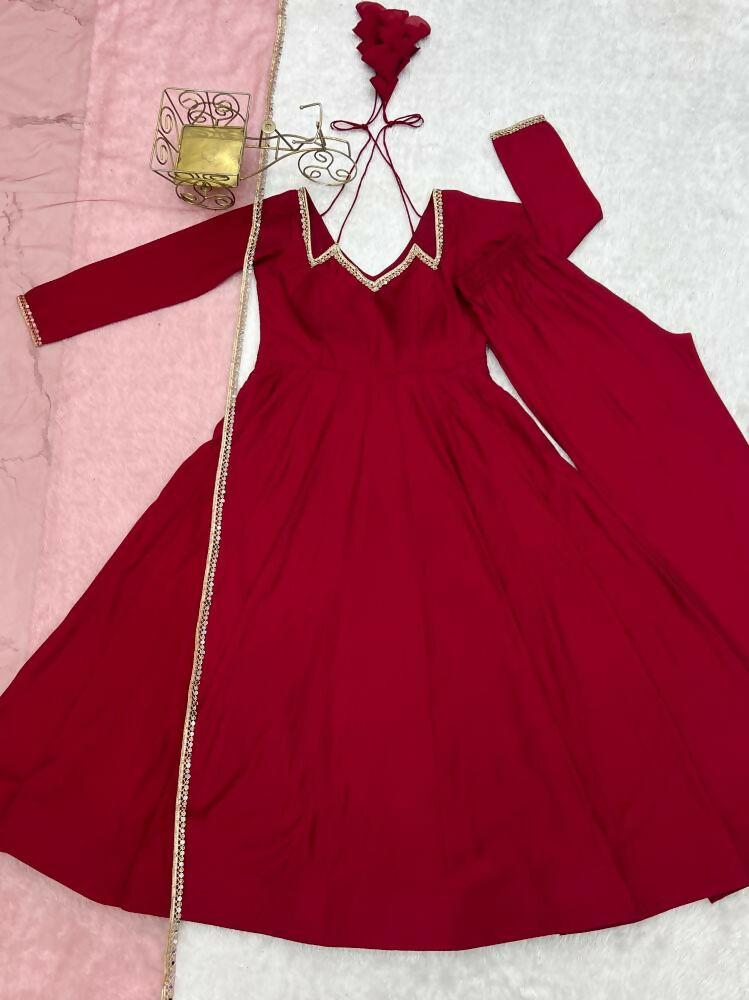 The52 Women's Gorgeous Embroidery Work Roman Silk Chanderi Fabric Flared Anarkali Pant and Dupatta Set-Maroon