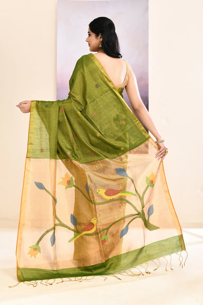 Piyari Fashion Women's Olive Embellished Tissue Jamdani Saree