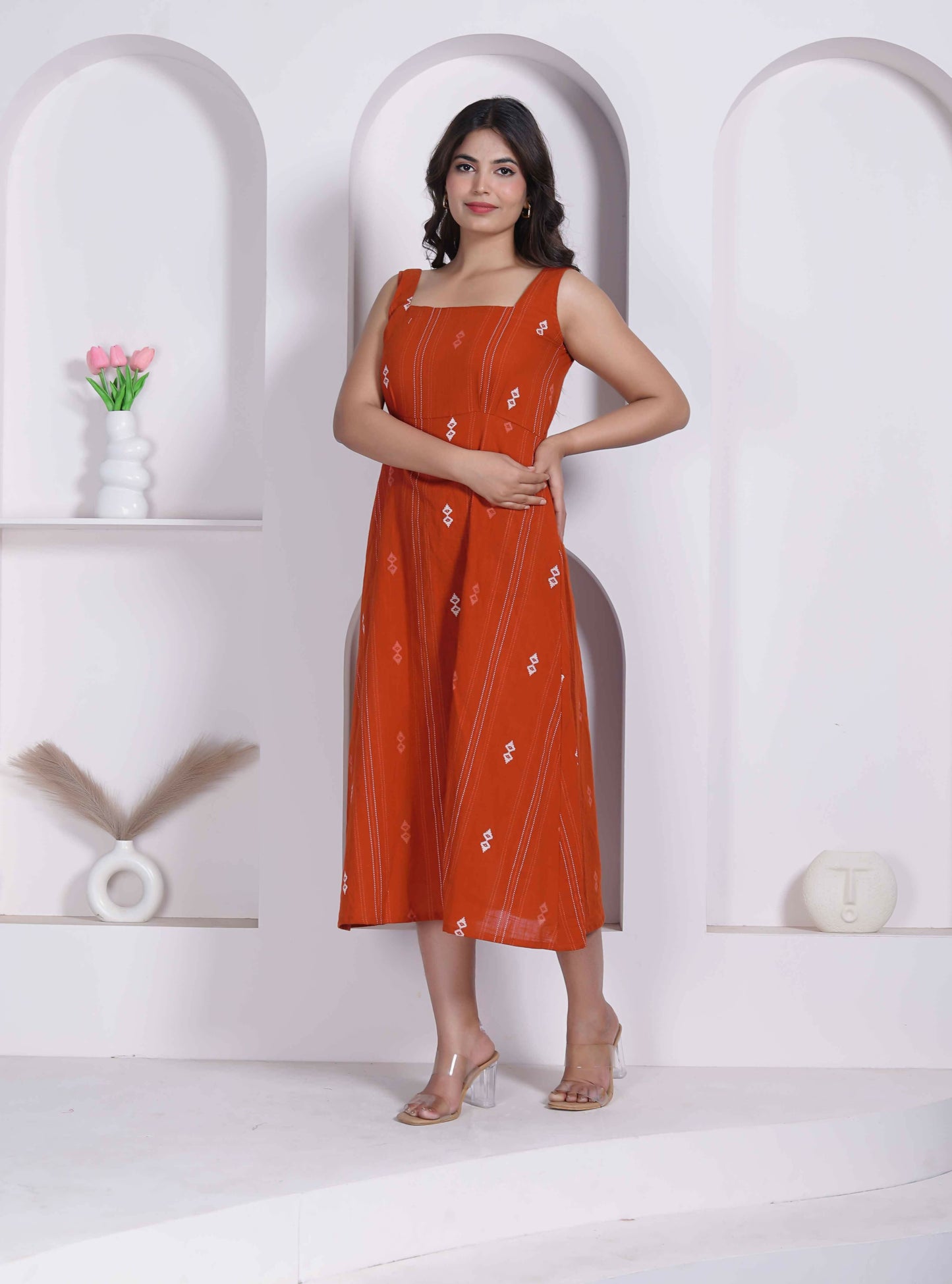 Miravan Womens Abstract Printed Rust ALine Maxi Dress