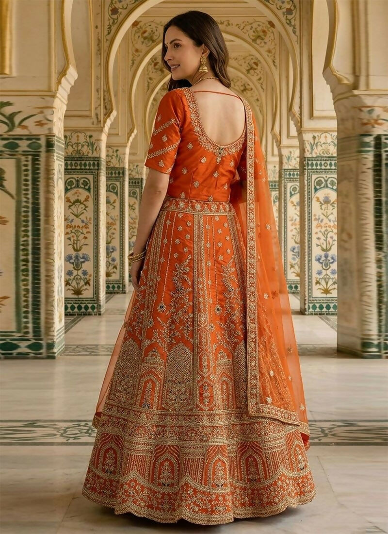Lehenga Mart Rust Orange Heavy Silk With Fusing Designer Bollywood Style Wedding Wear Lehenga Choli
