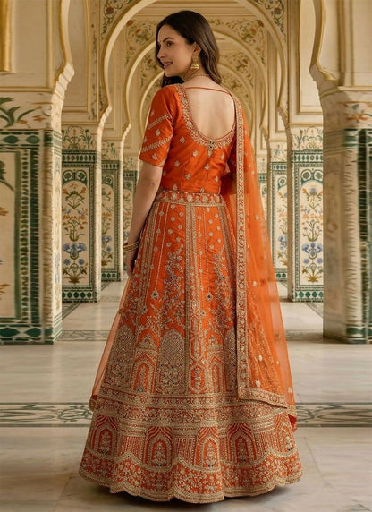 Lehenga Mart Rust Orange Heavy Silk With Fusing Designer Bollywood Style Wedding Wear Lehenga Choli