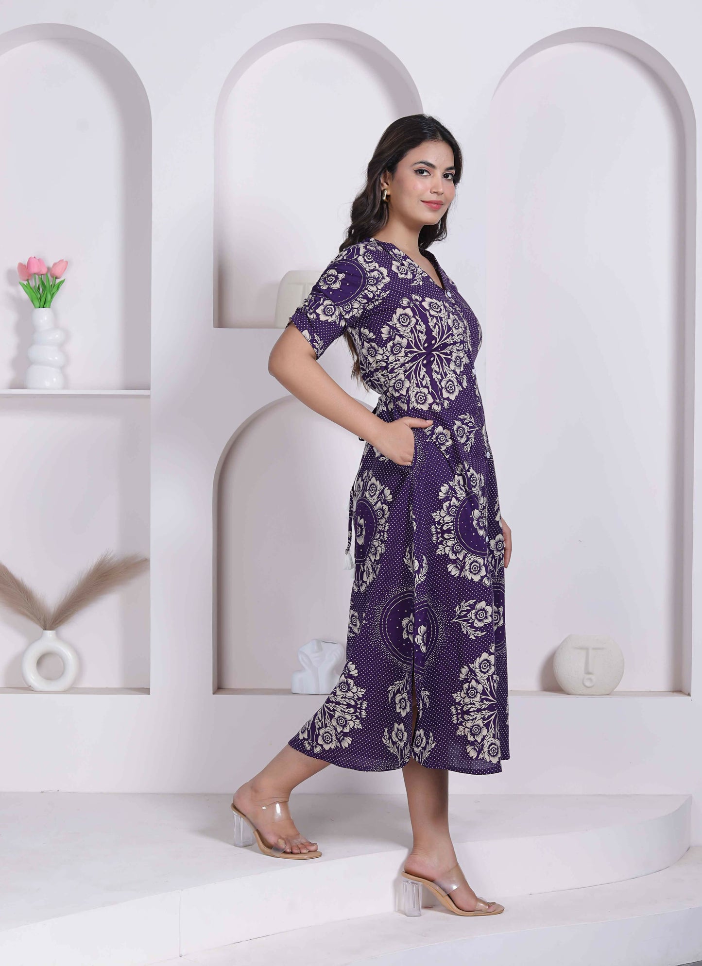 Miravan Womens Floral Printed A-Line Shirt Collar Maxi Dress