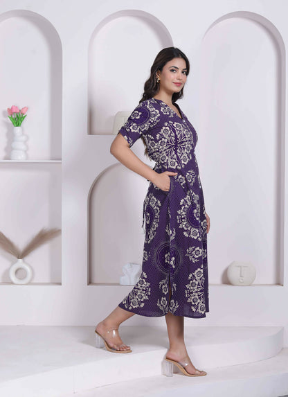 Miravan Womens Floral Printed A-Line Shirt Collar Maxi Dress