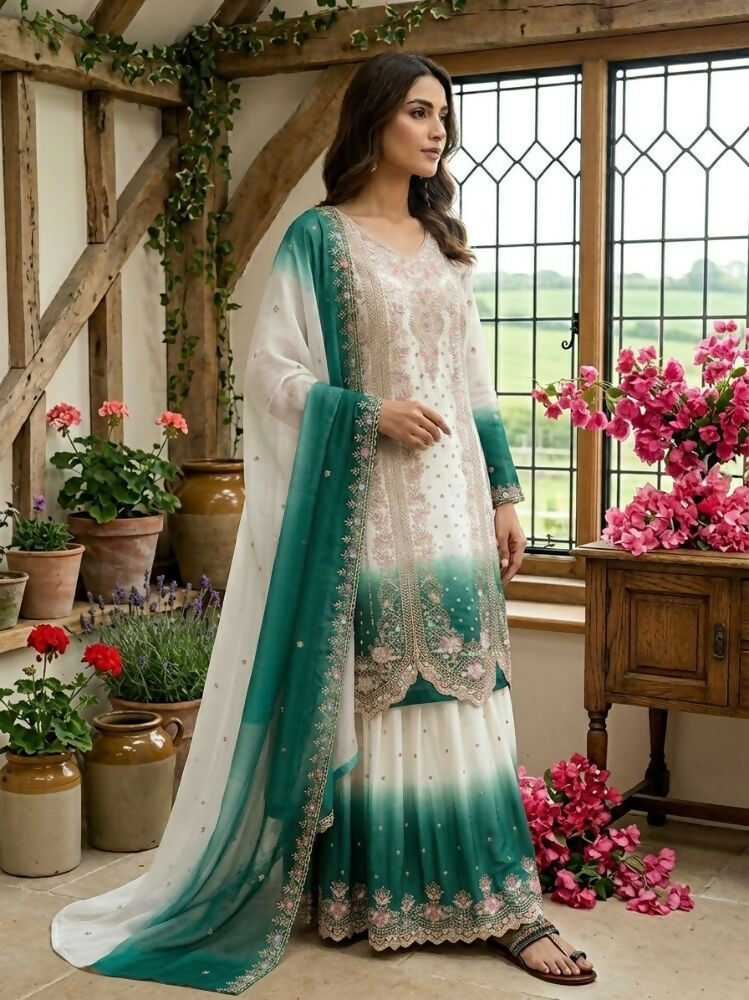 Teeya Creation New Trending Heavy Dual Tone Peding Star Georgette Green Kurta Set