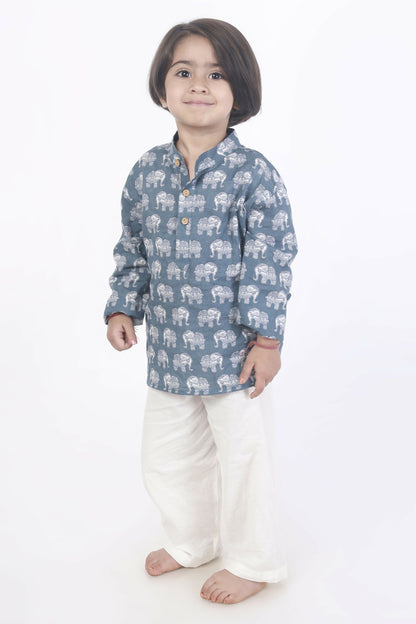 Breathables Kids Boys & Girls Cotton Night Suit  Grey Elephant Print Kurta & Pyjama Co-Ord Set
