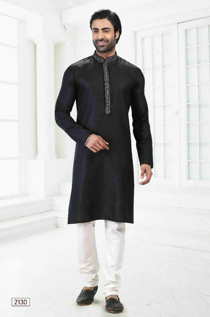 Raivat Ethnic Linen Cotton Thread Work Kurta Pajama In Black Colour