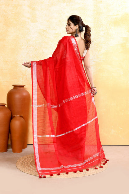 Piyari Fashion Women's Red Embellished Cotton Blend Zari Border Handloom Saree