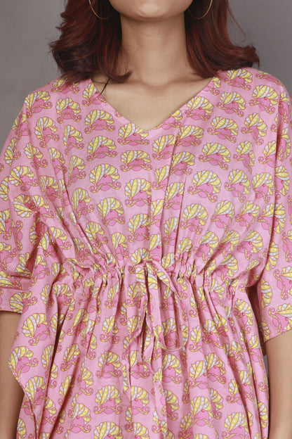 Breathables WomenS Loungewear Kaftan Co-Ord Set Cotton V-Neck In Quirky Pink Print