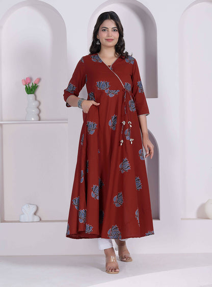 Miravan Womens Rust Floral Printed Pure Cotton Gota Patti Angrakha Kurta