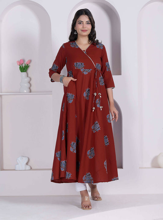 Miravan Womens Rust Floral Printed Pure Cotton Gota Patti Angrakha Kurta